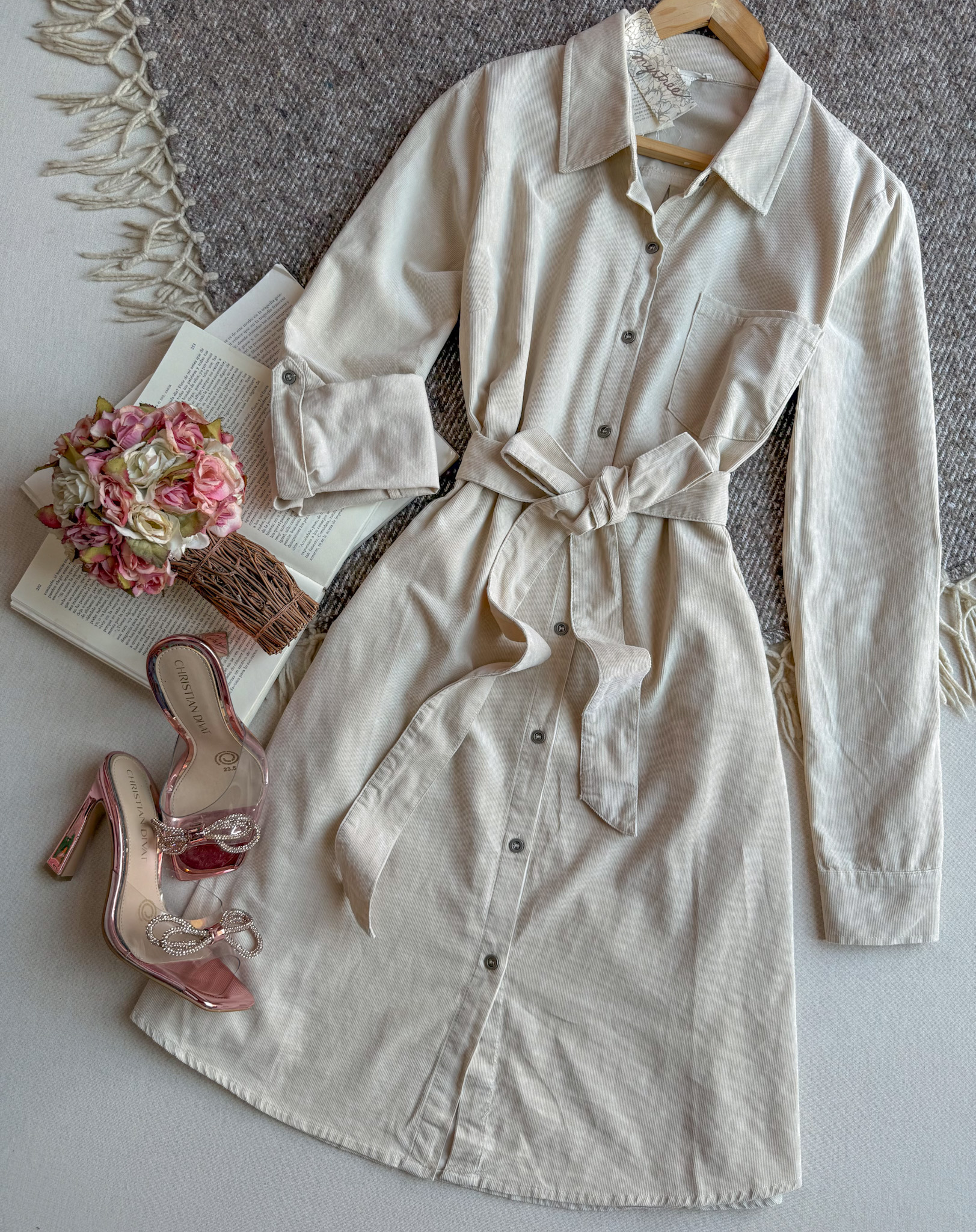 Vestido Beige Importación Premium Corto Manga Larga