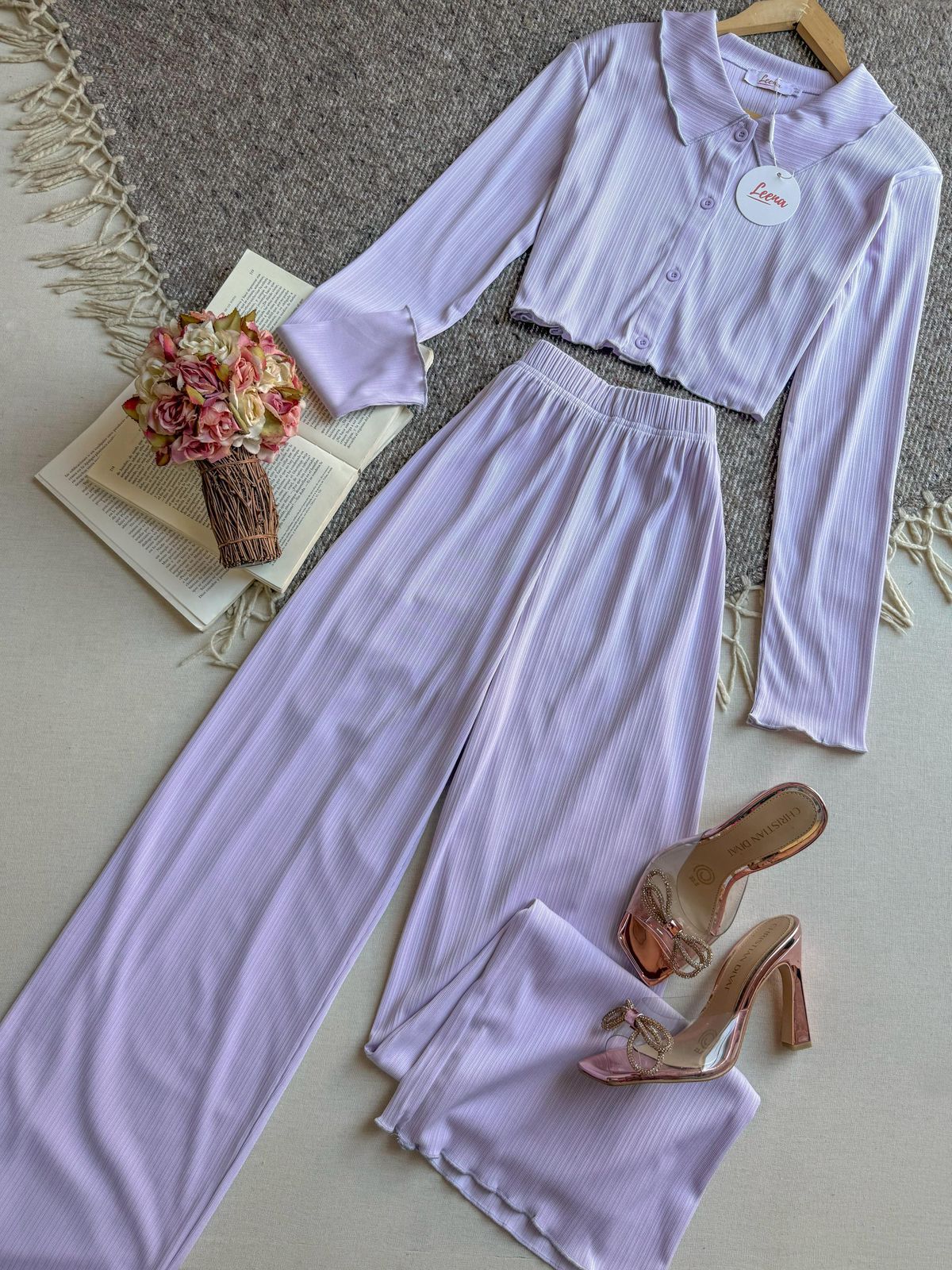 Conjunto Pantalon Lila Leena Largo Manga Larga Con Cuello De Camisa