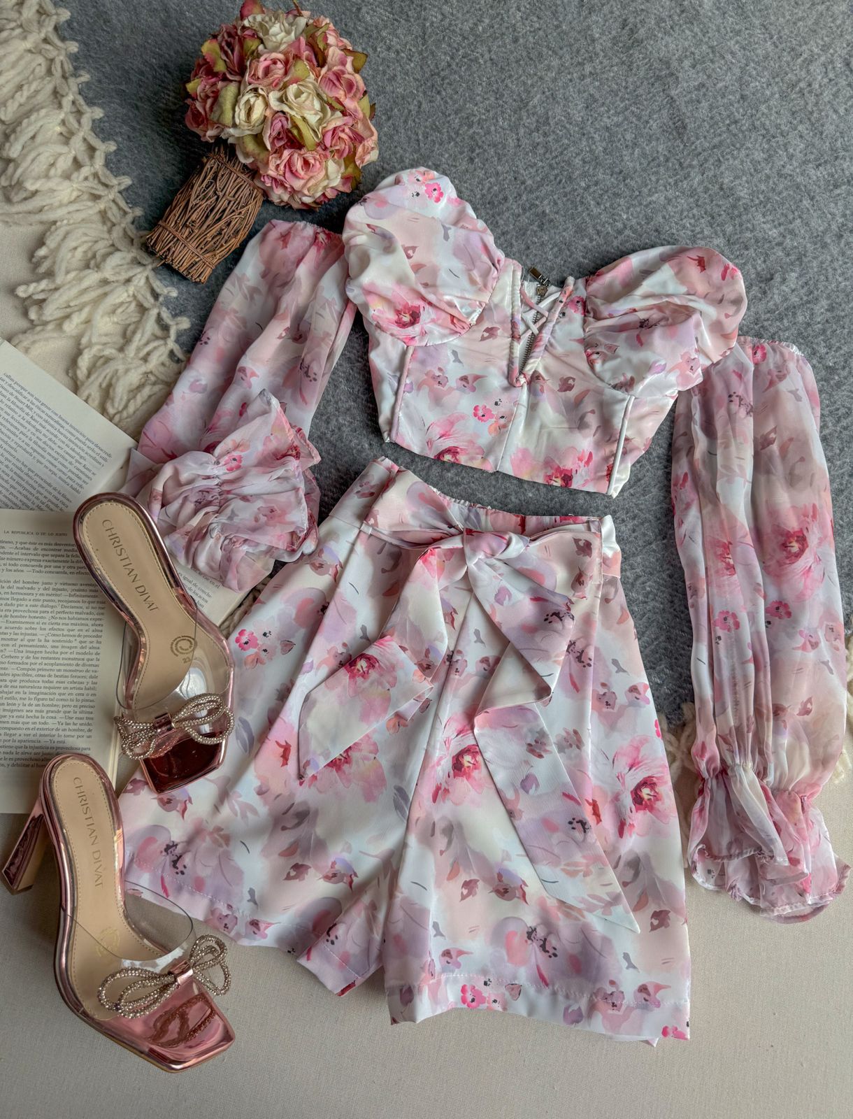 Conjunto Short Rosa Chicways Corto Manga Manga Larga Floral