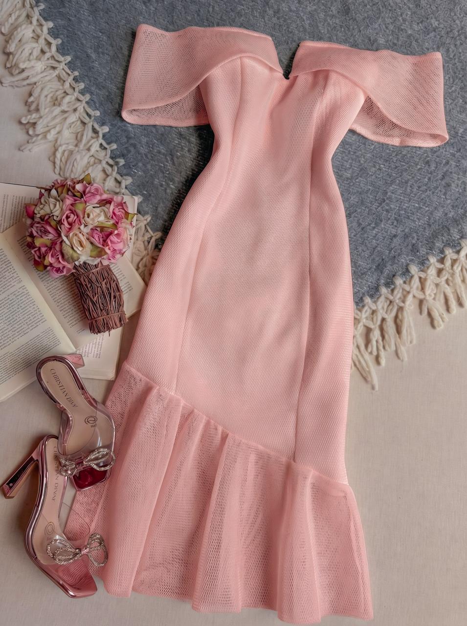 Vestido Rosa INA Midi Campesino Tela Perforada