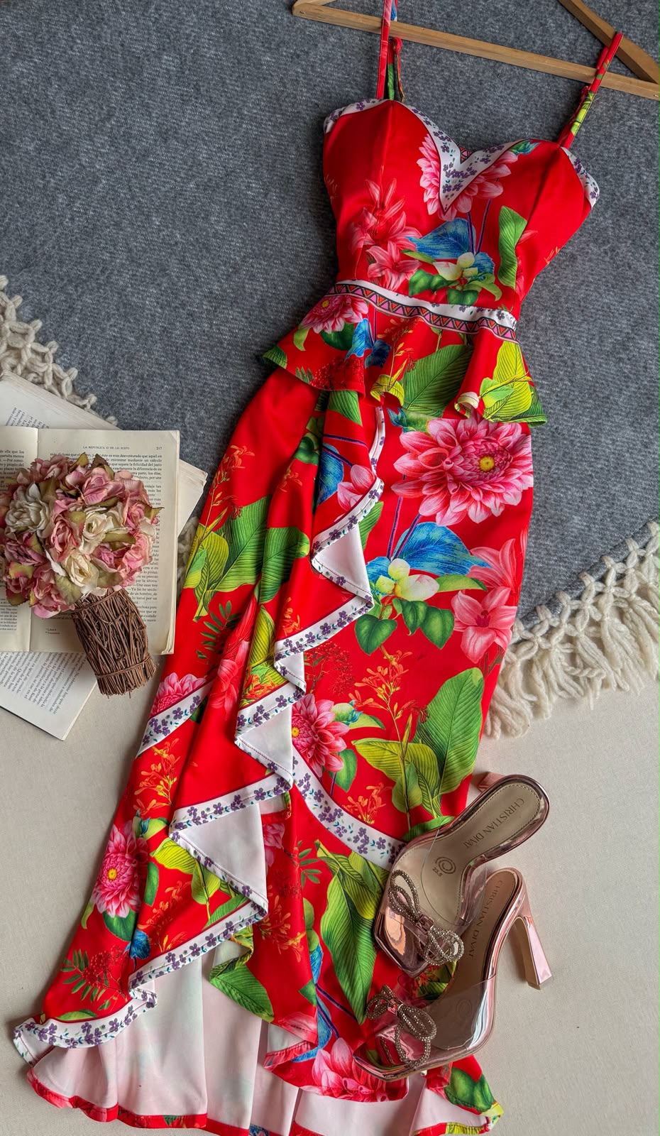 Vestido Rojo DIGARNY Midi Tirantes Floral Con Escarolas