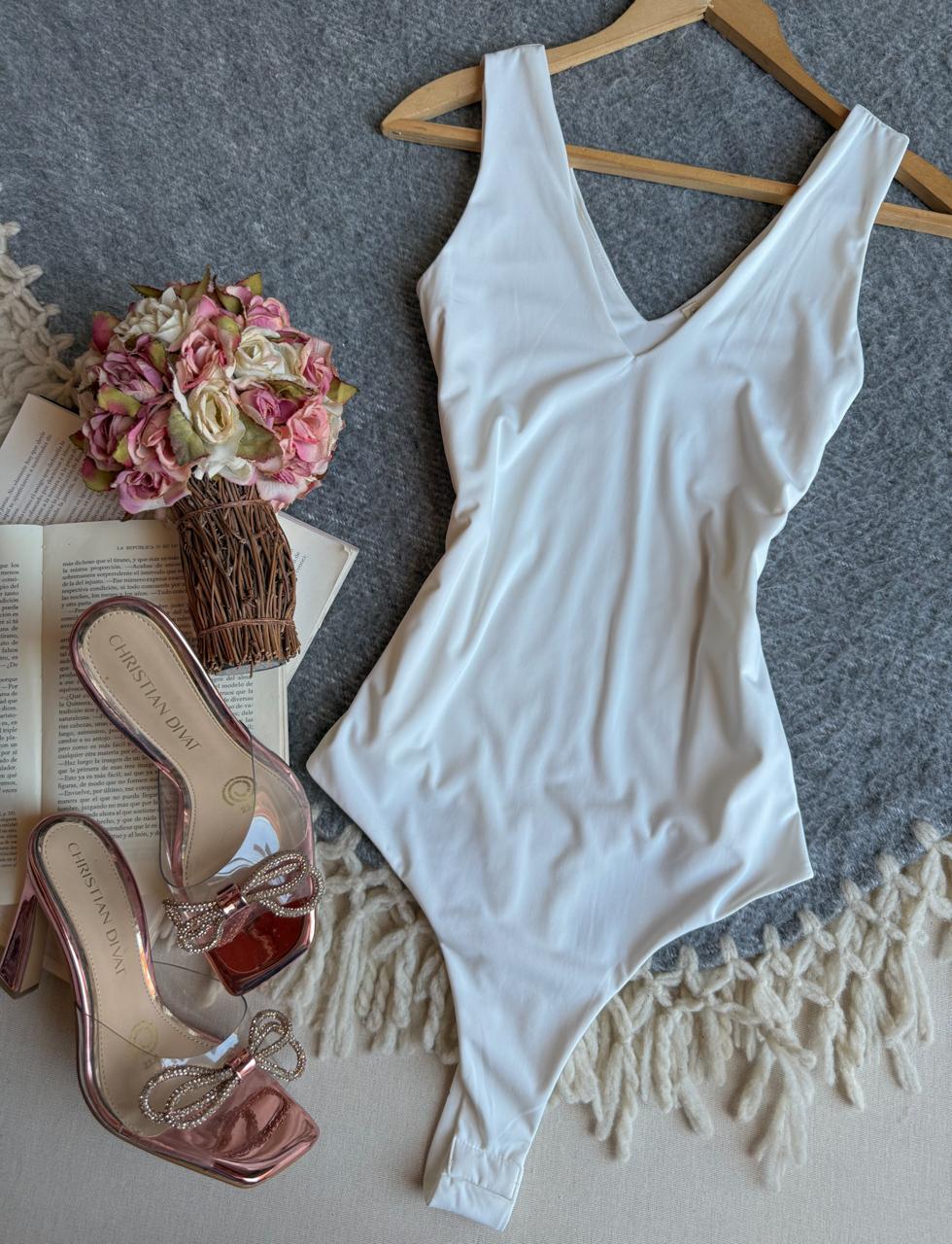 Body Blanco Lex Brown Sin Mangas Escote V Strech