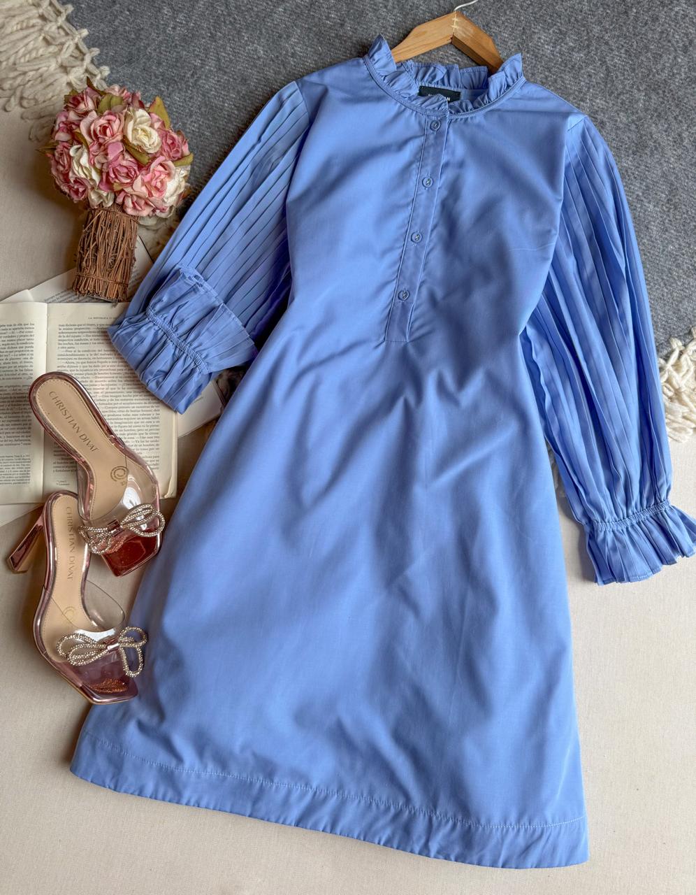 Vestido Azul Heyson Corto Manga 3/4 Plisadas Con Botones En Cuello 