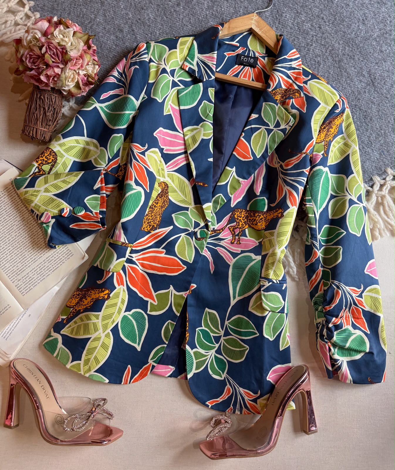Blazer Azul marino Fate Largo Manga Larga Con Estampado De Selva