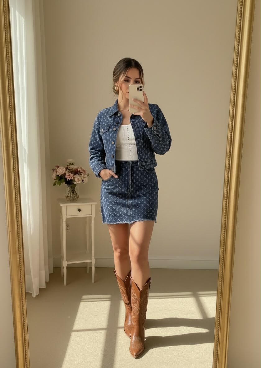 Conjunto Minifalda Azul Importación Premium Con Chamarra 