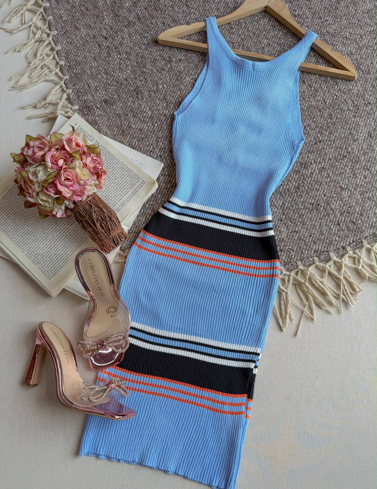 Vestido Azul ZISSACHAR Corto Sin Manga Lace Up Trasero Con Lineas