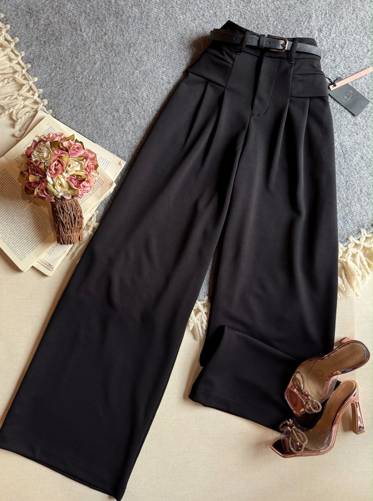Pantalon Negro Iris Largo Ancho Con Cinto