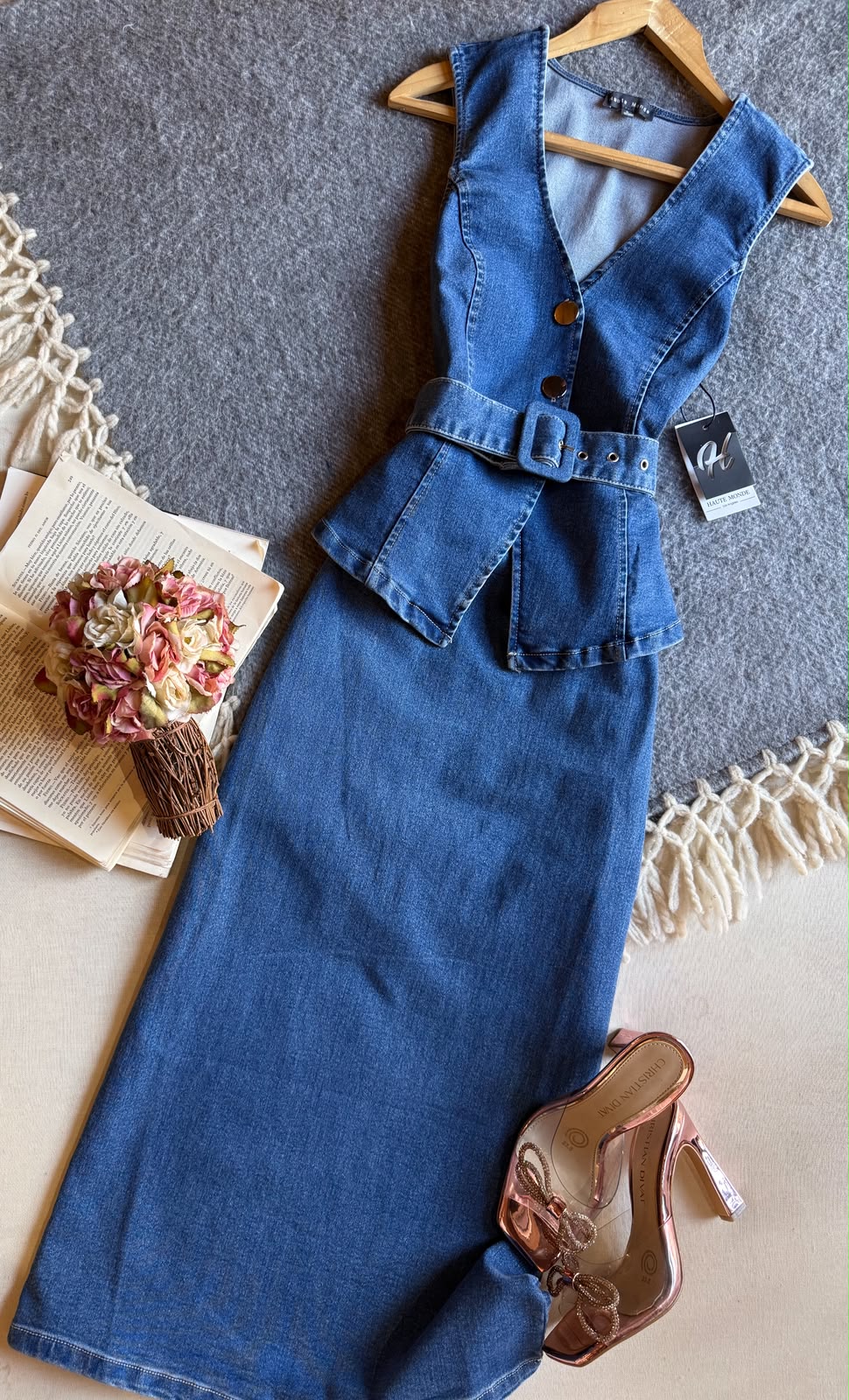 Vestido Azul Haute Monde Midi Sin Manga Demin Tono Medio Con Cinto Escote V