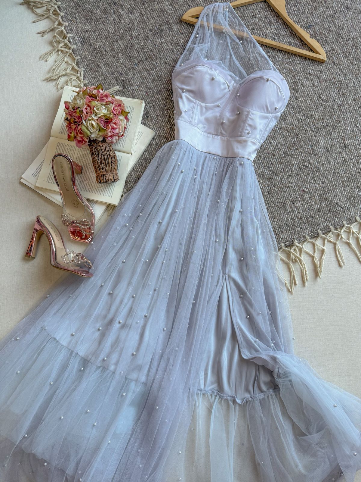 Vestido Gris The Clothing Company Unimanga Largo Con Copas y Perlitas