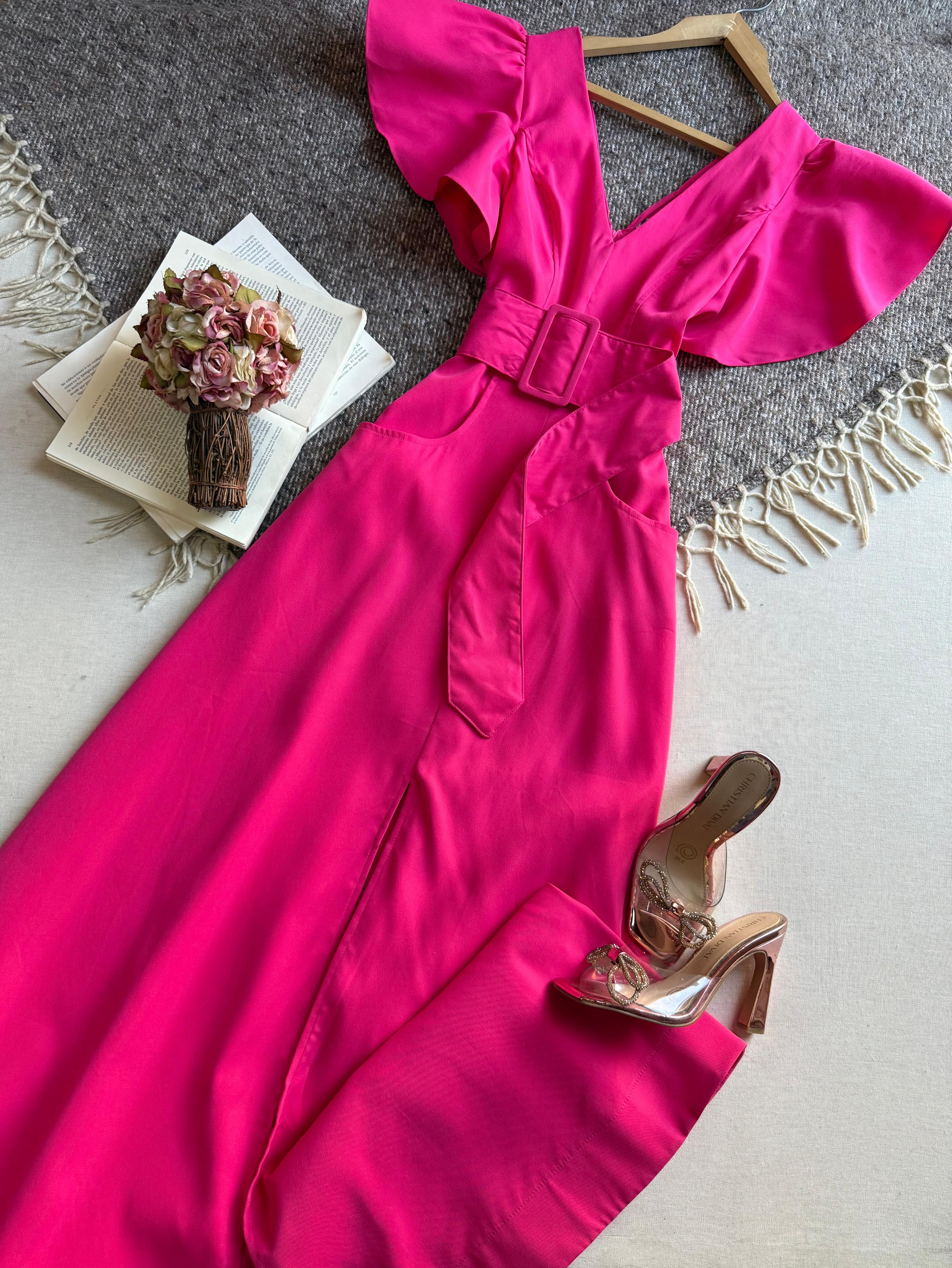 Vestido Rosa Chicways Largo Manga Corta Cinto De Tela