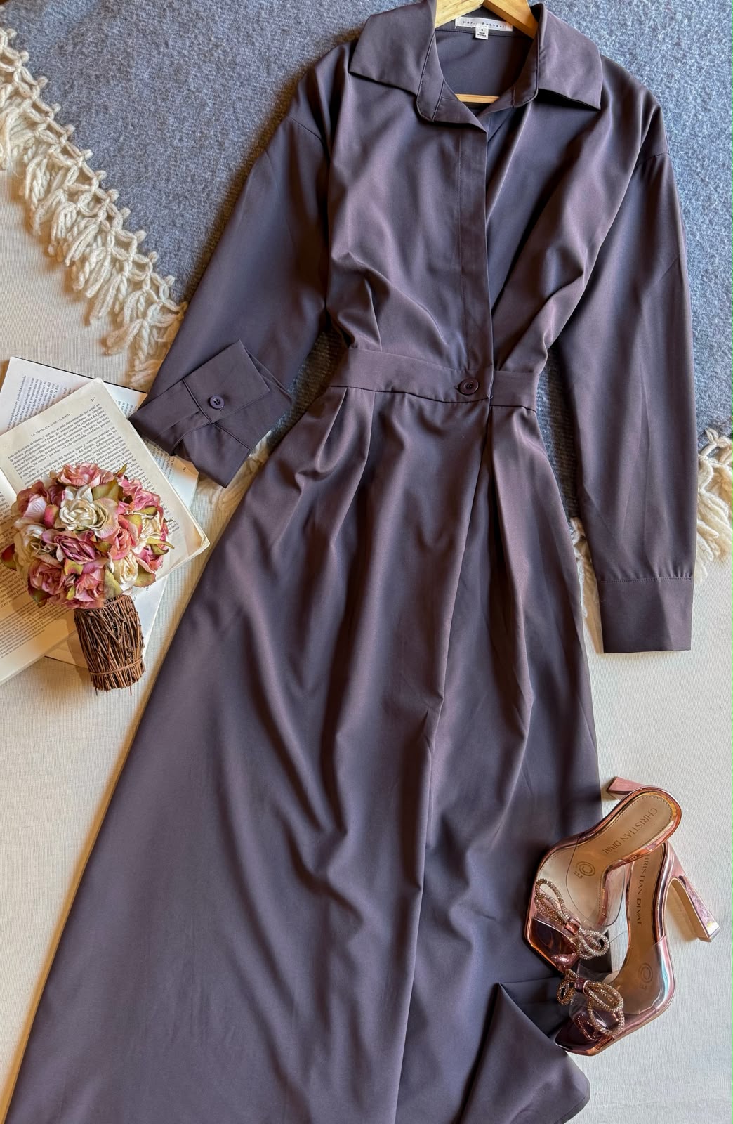 Vestido Gris Her Bottari Largo manga Manga Larga Con Un Solo Boton 