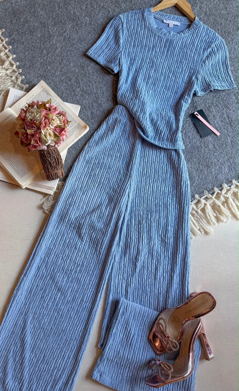 Conjunto Pantalon Azul Iris Largo Manga Corta Tela Corrugada