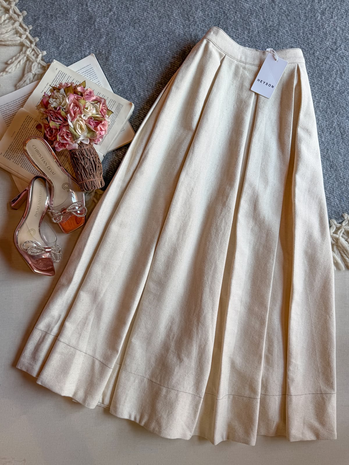 Falda Beige Heyson Largo Con Mucho Vuelo De Algodon