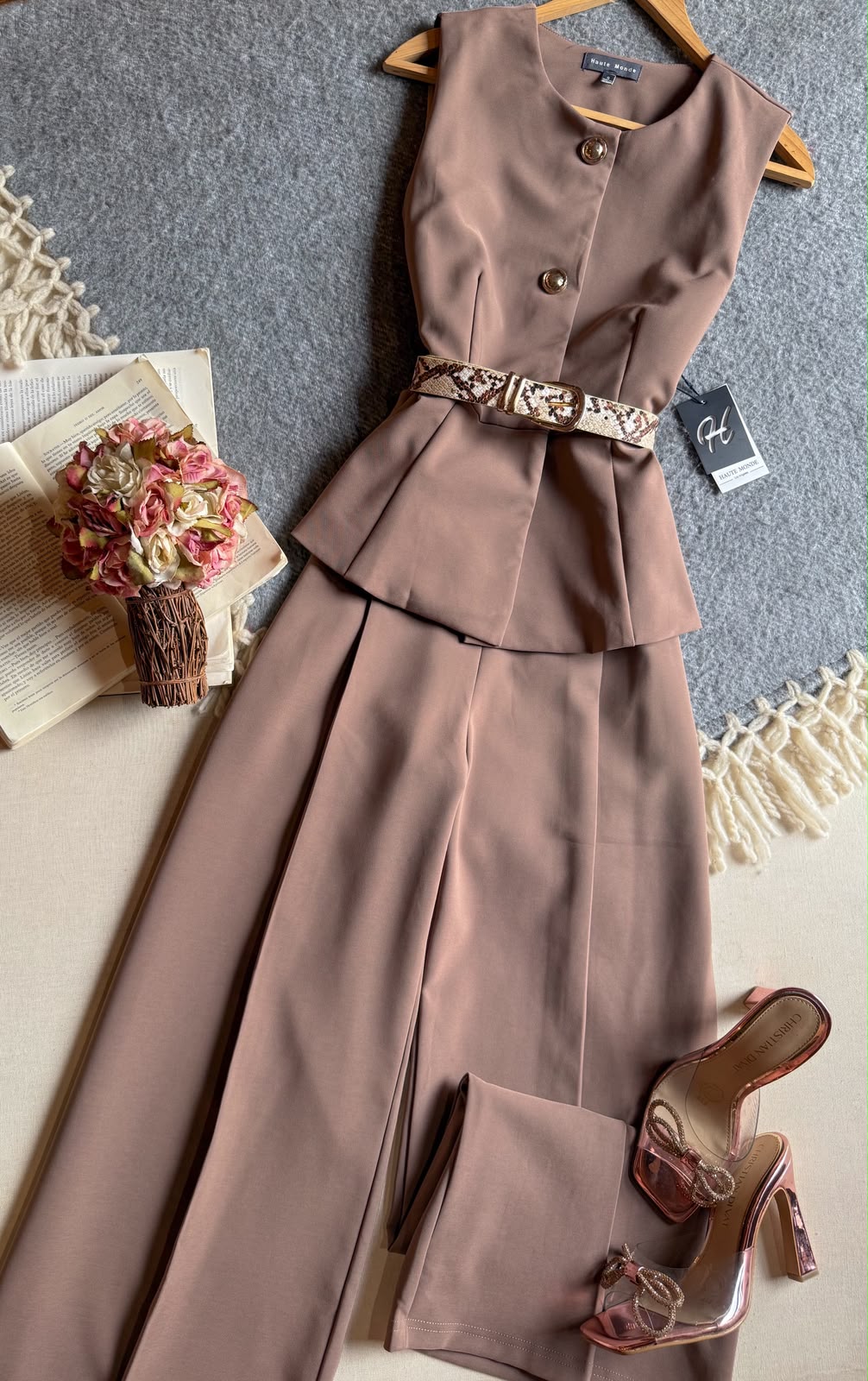 Conjunto Pantalon Cafe Haute Monde Largo Sin Manga Con Cinto Animal Print