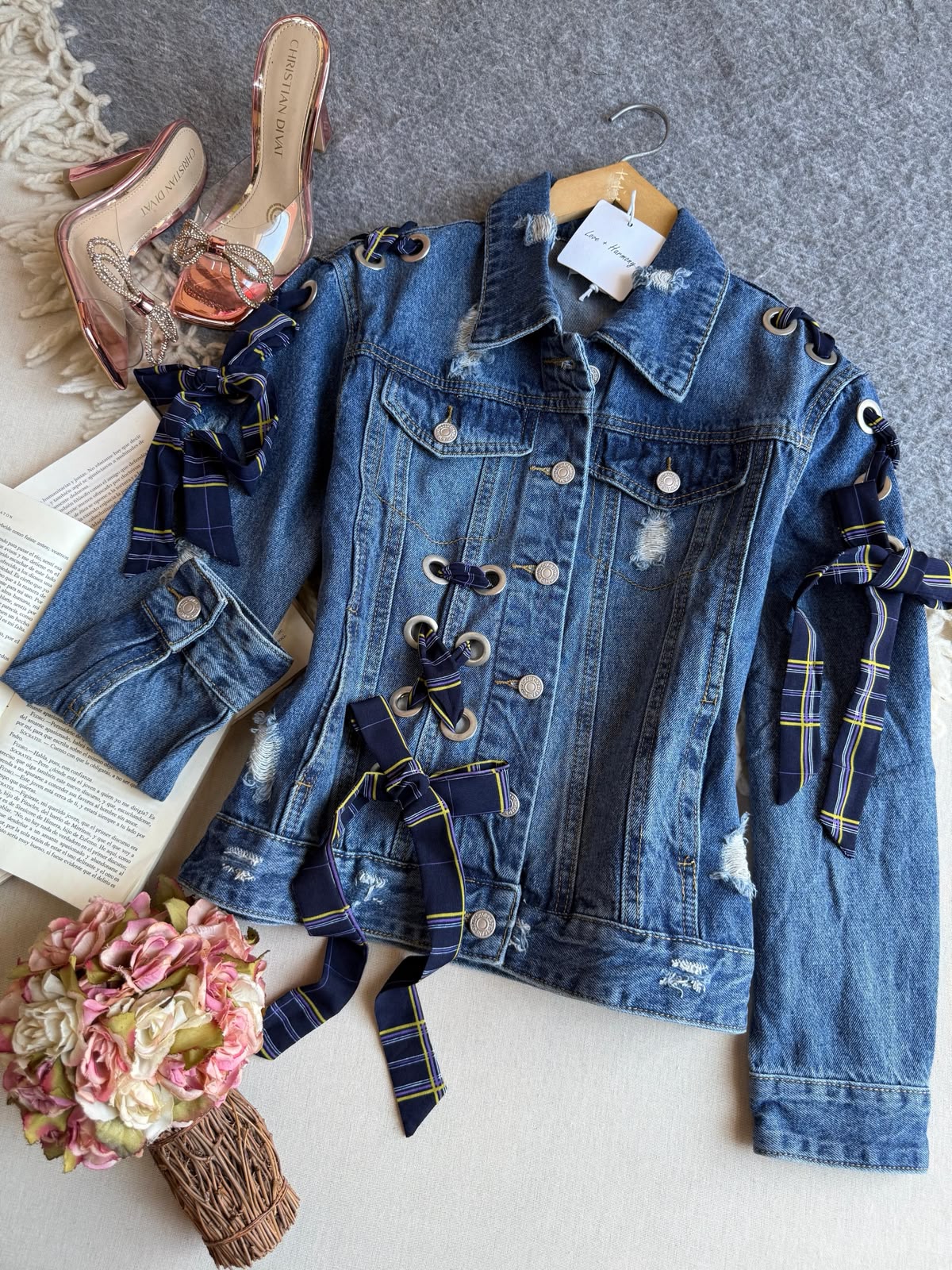 Chamarra Azul Love + Armony Largo Manga Larga Con Estoperoles Y Listones