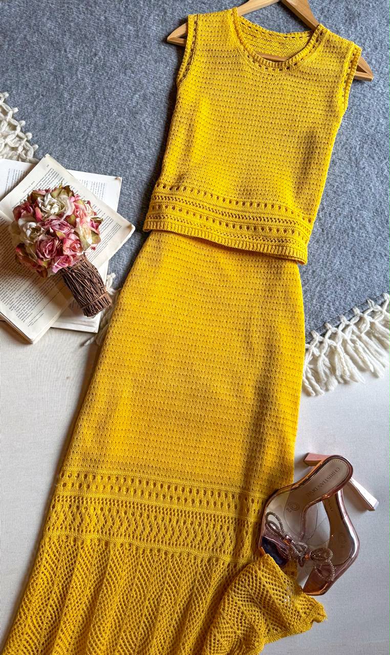 Conjunto Falda Amarillo Importación Premium Midi Sin Manga Tela Perforada Mostaza