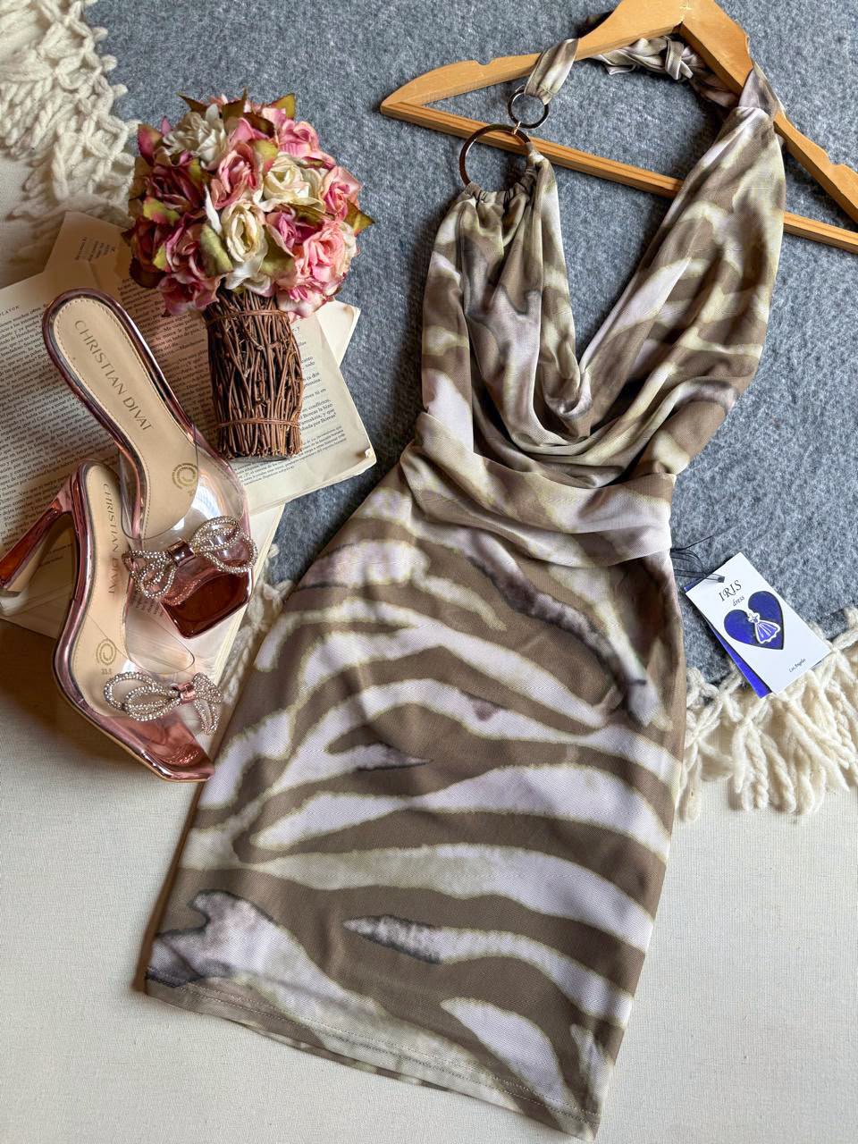 Vestido Verde Iris Corto Halter Animal Print Con Harito