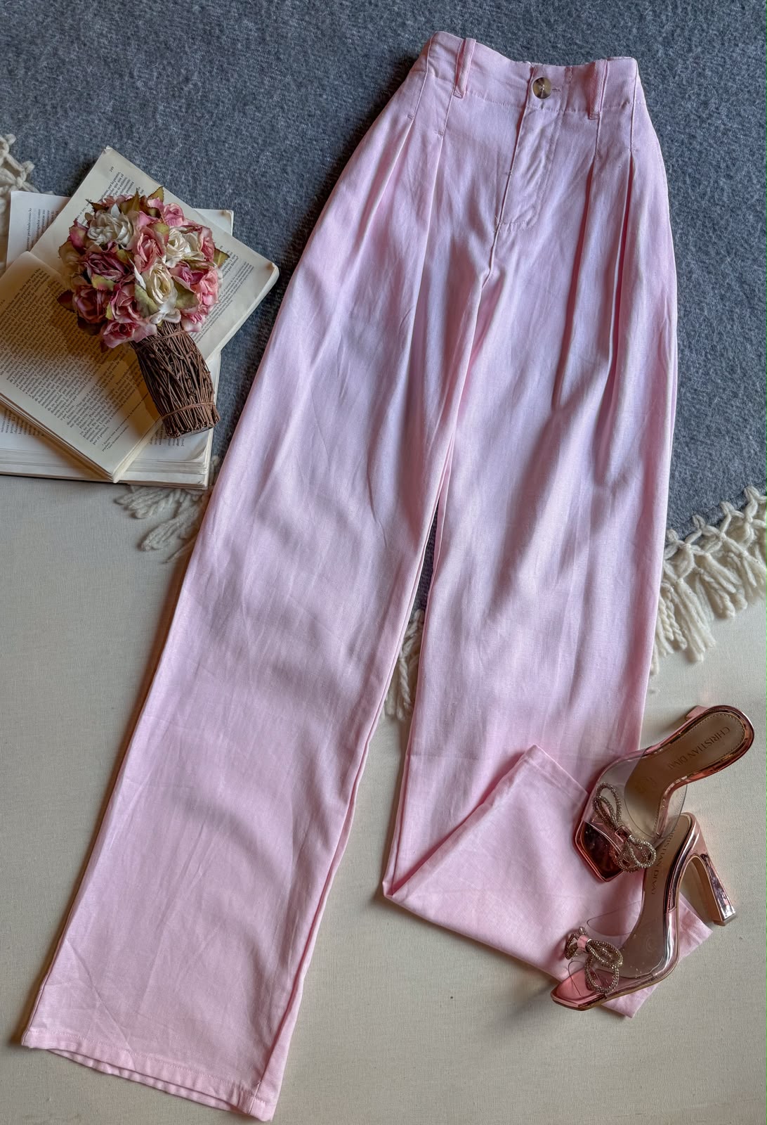 Pantalon Rosa Linen Blend Largo Con Elastico Trasero