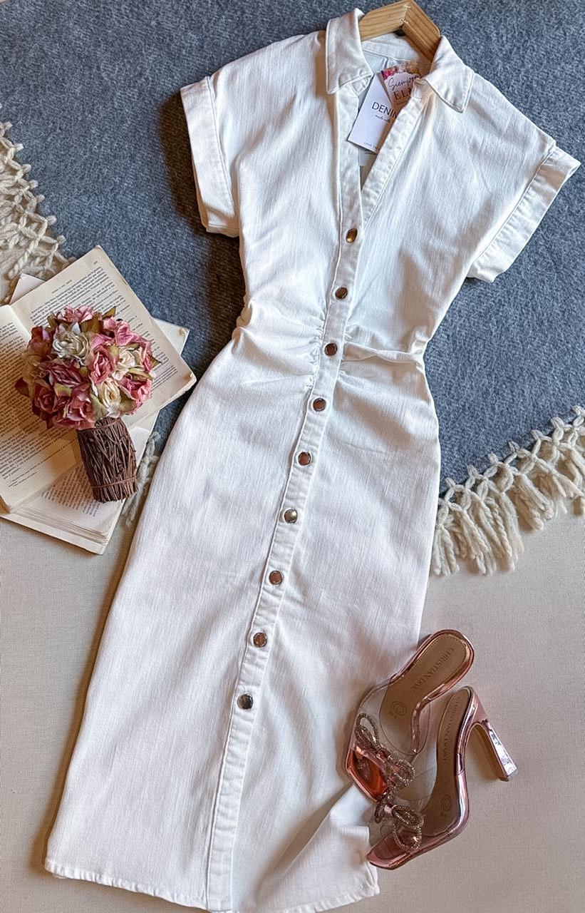 Vestido Blanco Love Tree Midi Manga Corta Cuello Camisa y Botones