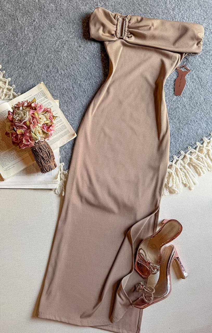 Vestido Cafe Haute Monde Midi Campesino Detalle Metalico En Hombro 