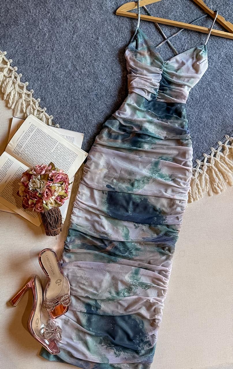Vestido Verde Iris Midi Tirantes Corrugado  Lace up En Espalda 