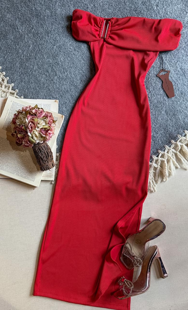 Vestido Rojo Haute Monde Midi Campesino Detalle Metalico En Hombro