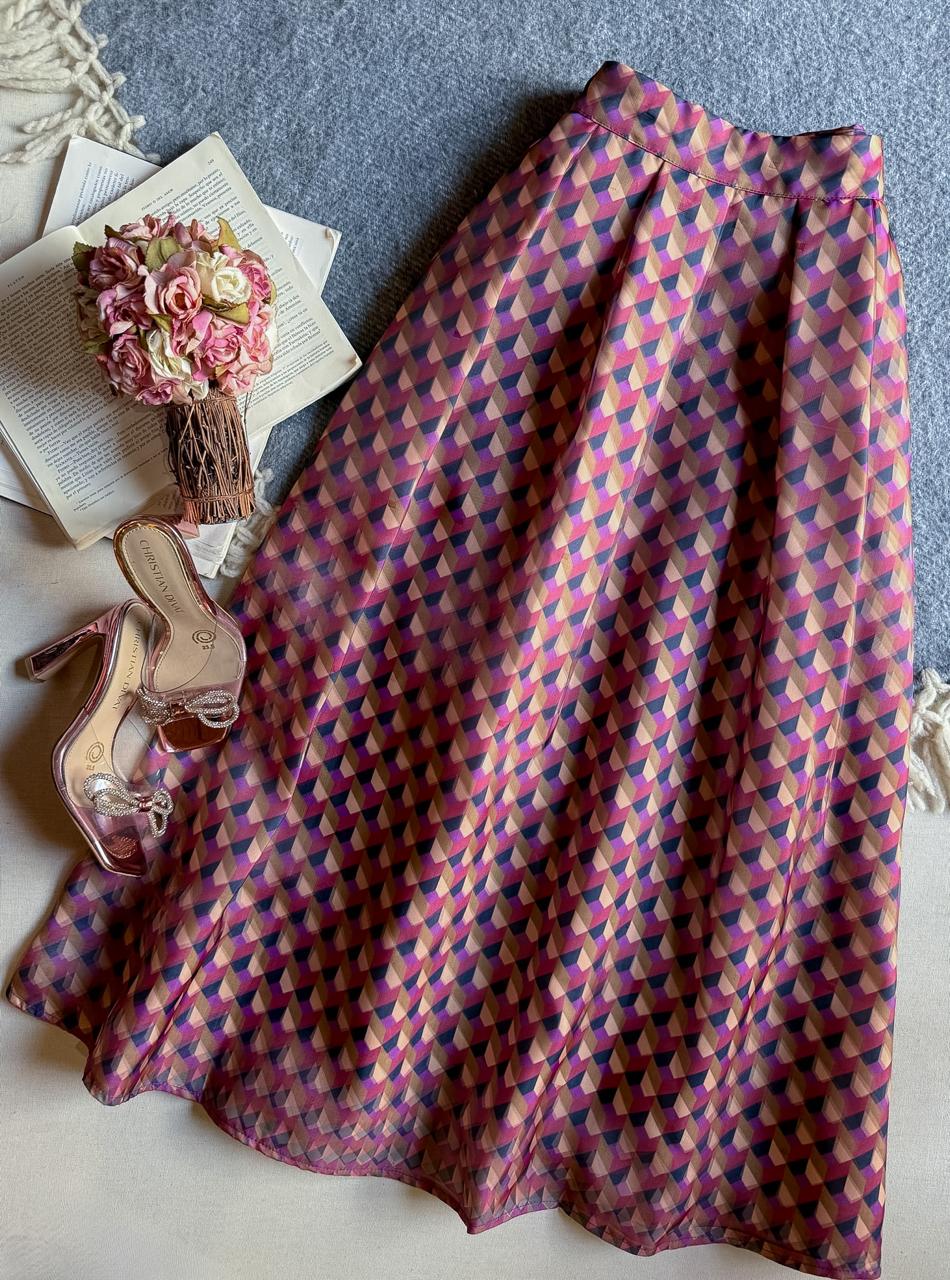 Falda Multicolor INA Midi Estampado Figuritas Cuadritos Rosa Morado Beige