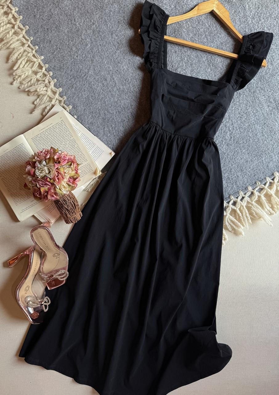 Vestido Negro Blashe Midi Tirantes Lace Up En Espalda Olanes En Los Tirantes 