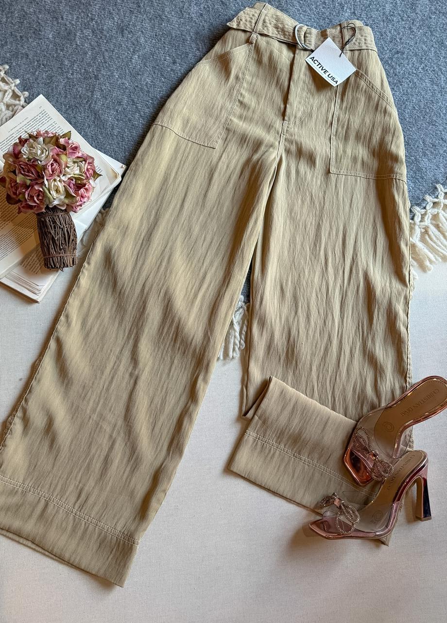 Pantalon Beige Nude Active Usa Largo Doble Ebilla Cinto De Tela