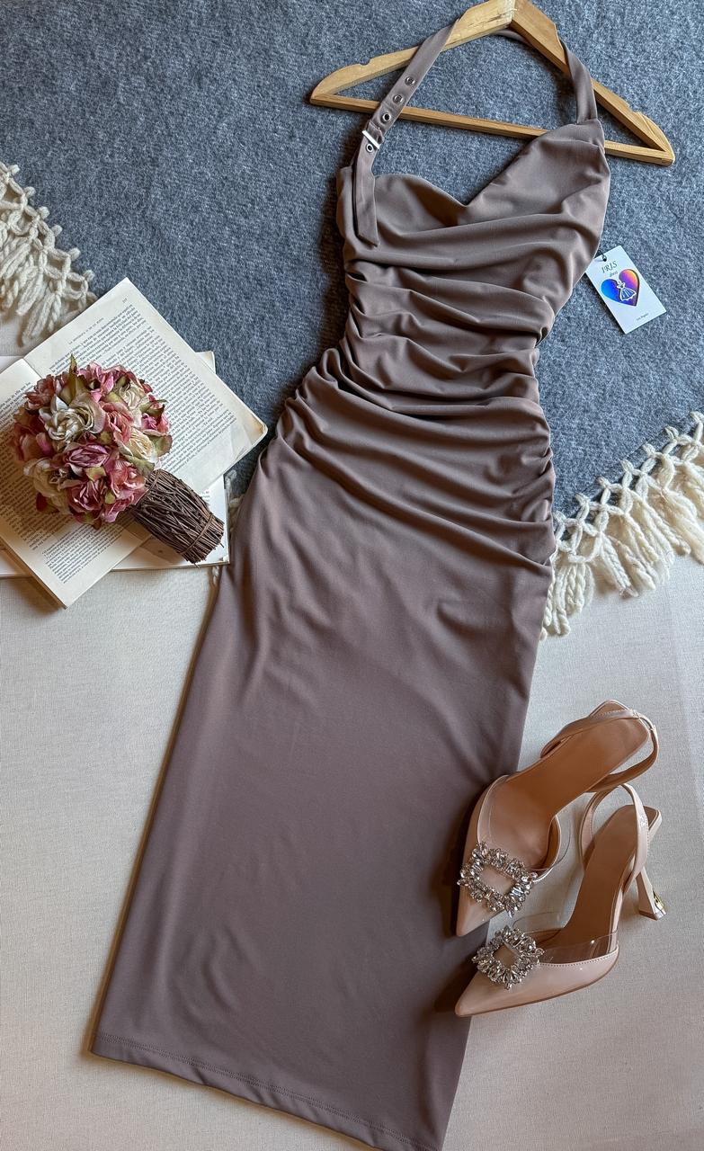 Vestido Cafe/Gris Iris Midi Halter Detalle Simulado de Cinto En Tirante Cuello Amaca 
