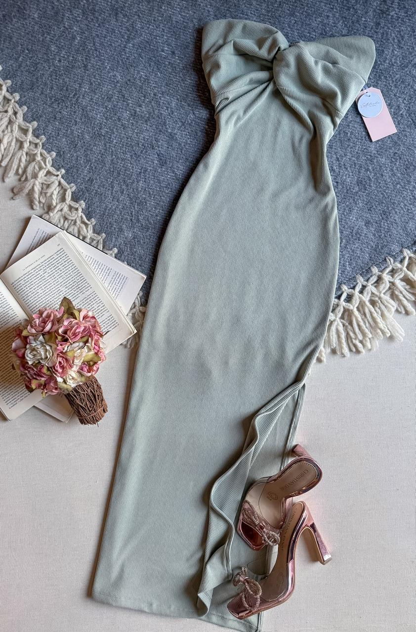 Vestido Verde Blashe Midi Straple Nudito En Pecho Acanalado 
