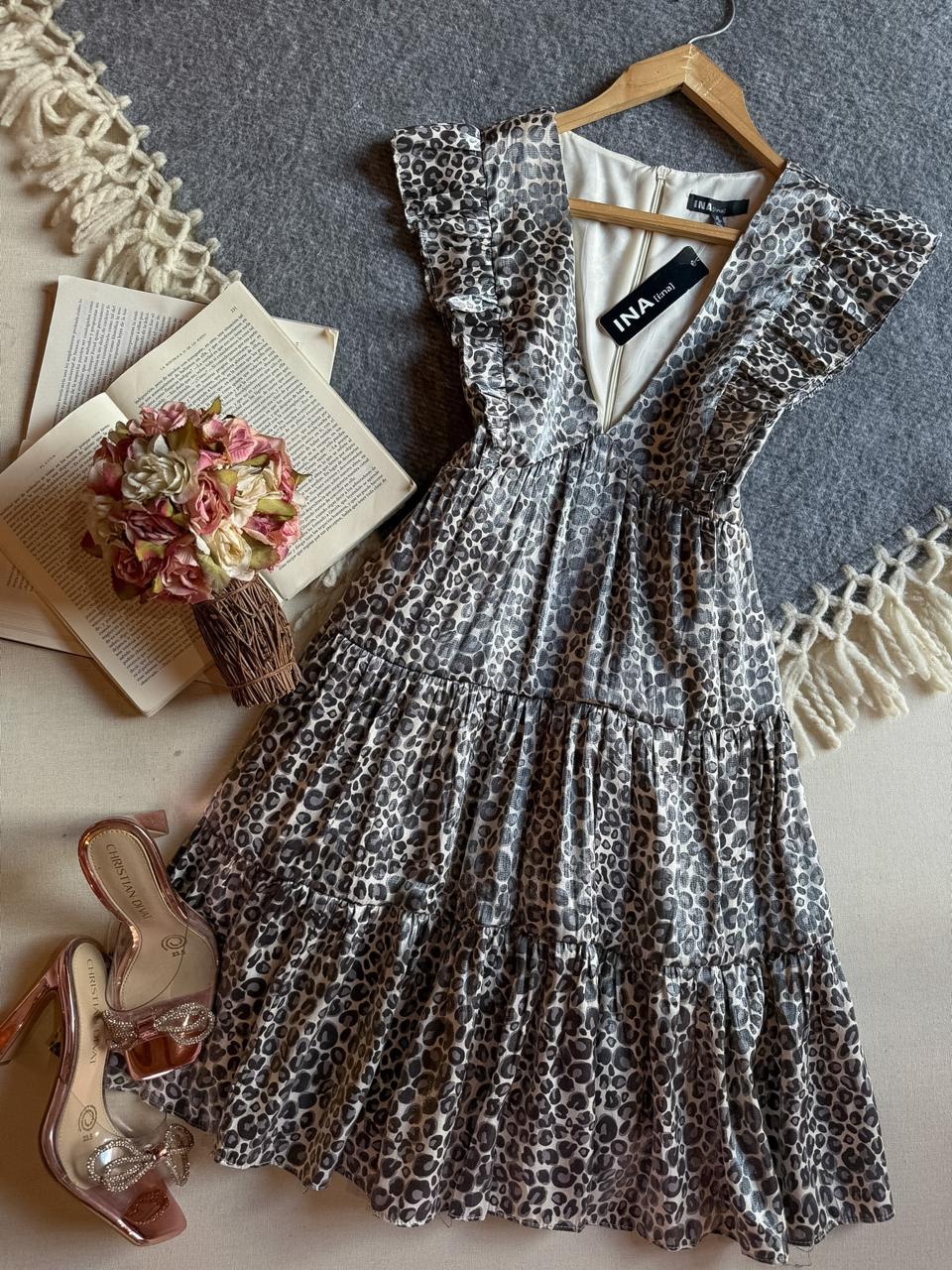 Vestido Gris INA Corto Manga Corta Animal Prin Escote V
