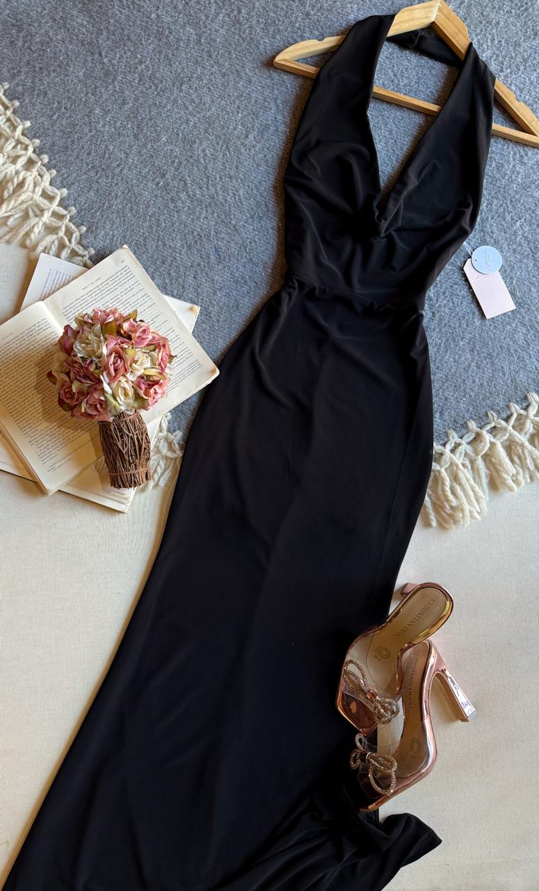 Vestido Negro Blashe Largo Halter Cuello Amaca Escote V En Espalda