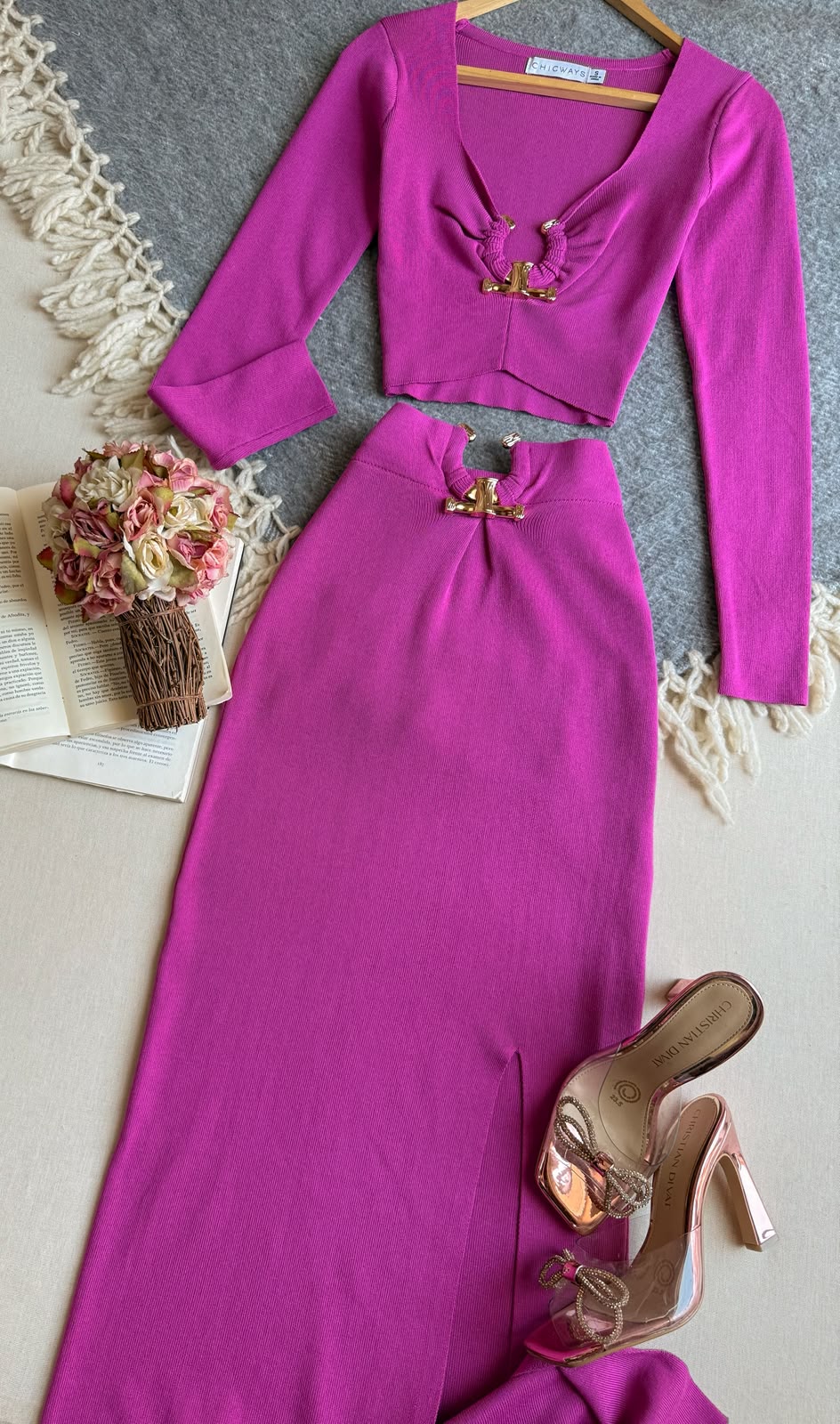 Conjunto Falda Rosa / morado Chicways Largo Mangas Largas Detalle Metalico En Pecho Y Cintura