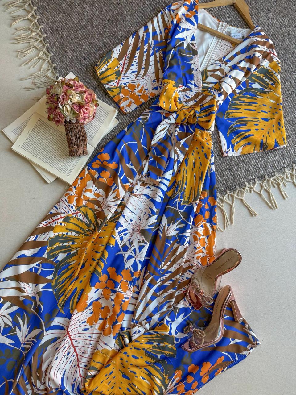Vestido Azul Chicways Largo Manga Corta Estampado Hojas Amarillas y Cafes Escote V
