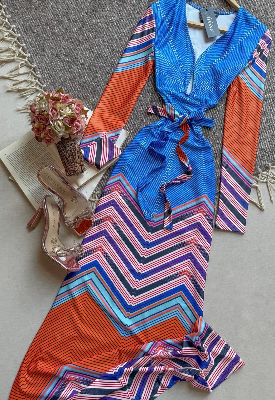 Vestido Azul Ambition Largo Manga Larga Abertura En Cintura Rayas Naranjas Y Blancas 