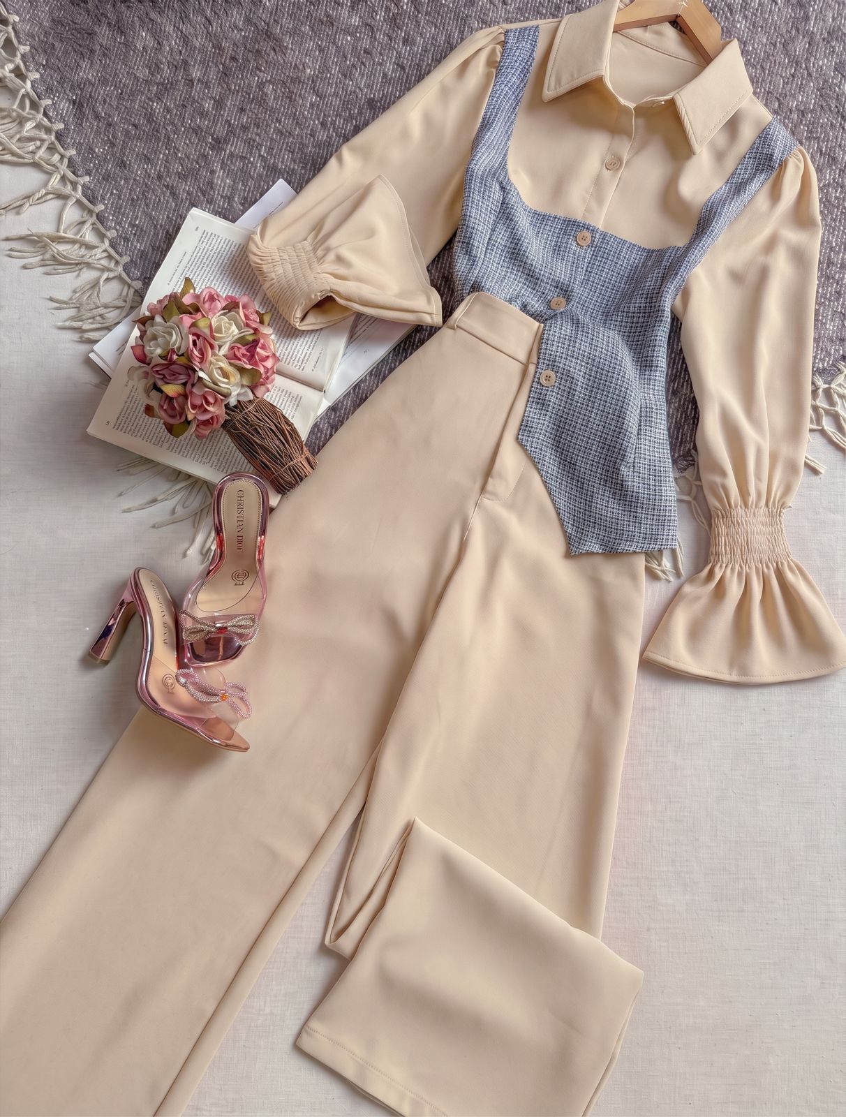 Conjunto Pantalon Beige Importación Premium Largo Manga Larga Chaleco Gris Simulado De cuadritos 