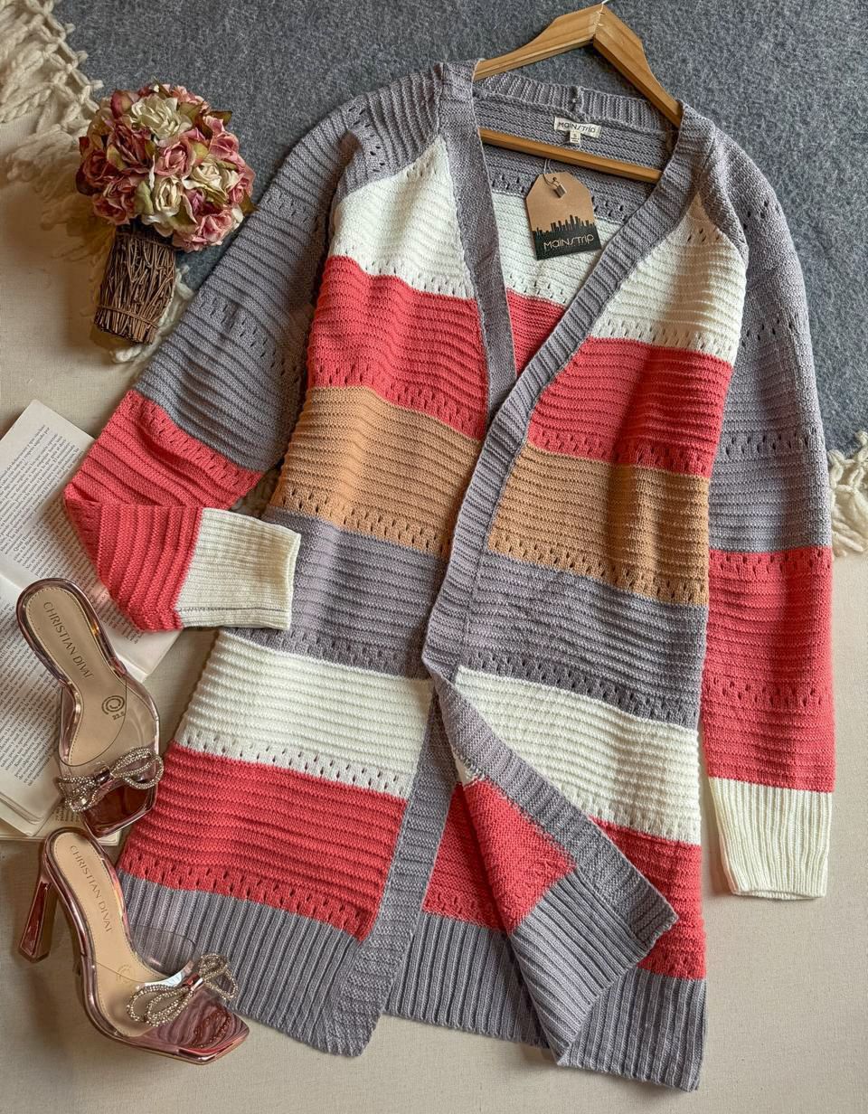 Cardigan Gris Mainstrip Largo Manga Larga Con Colores