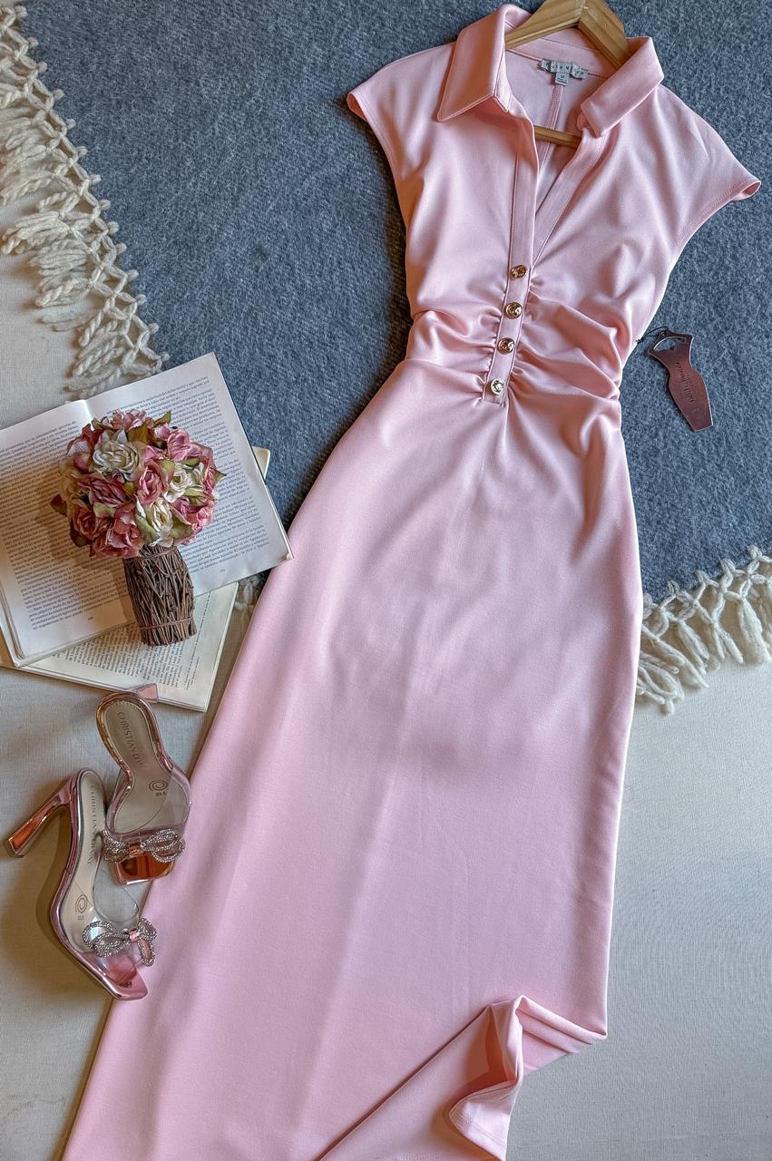 Vestido Rosa Haute Monde Largo Manga Manga Corta Con Cuello De Camisa