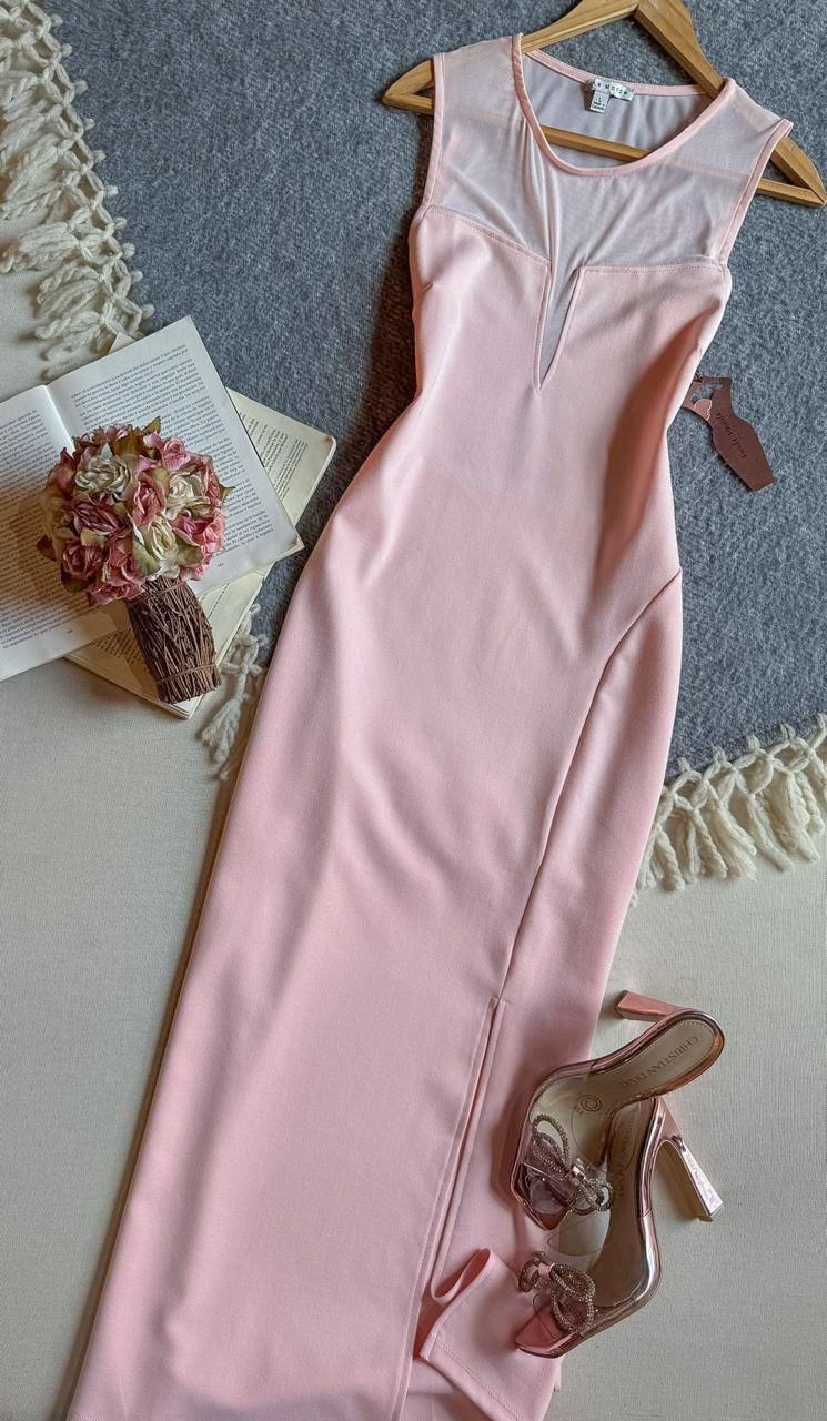 Vestido Rosa Iris Midi Sin Manga Abertura En Pierna 