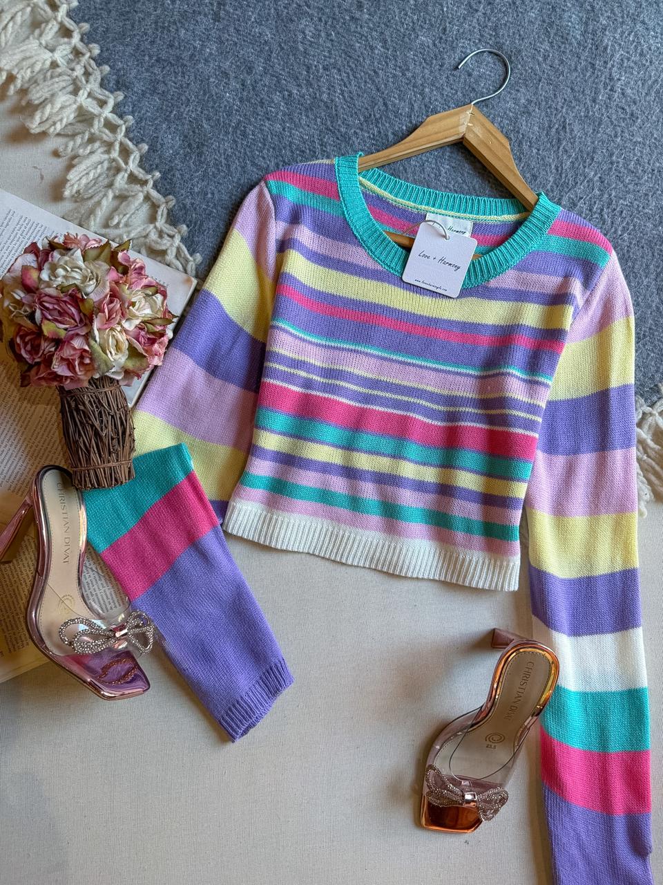 Sueter Morado Love + Armony Corto Manga Larga Lineas De Colores