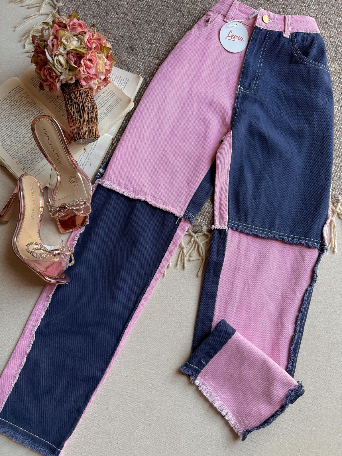 Jeans Rosa Leena Largo Bicolor Con Azul De Dos Parches