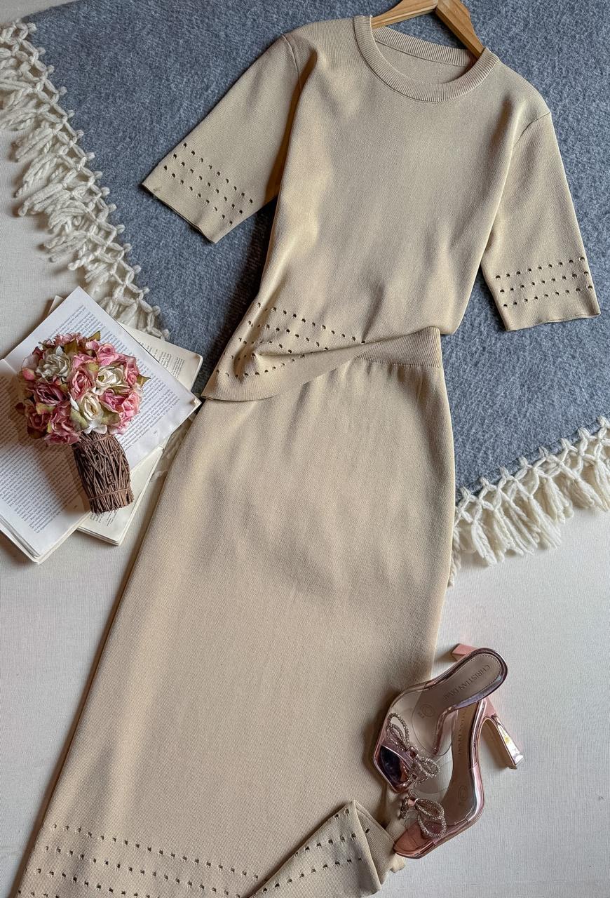 Conjunto Falda Beige Importación Premium Midi Manga Corta Al Tobillo Tela de Punto Caqui
