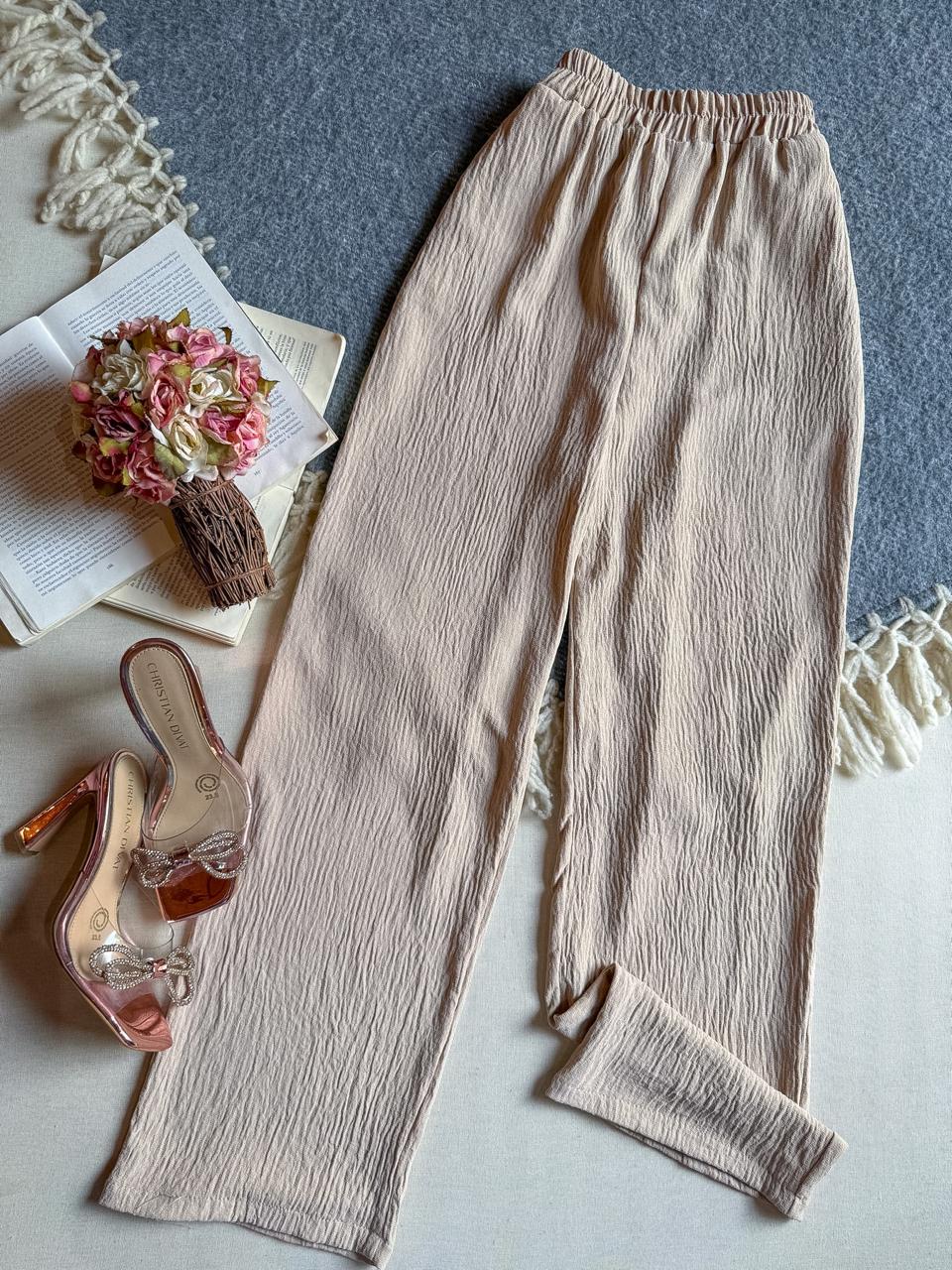 Pantalon Beige Timing Largo Tela Corrugada 