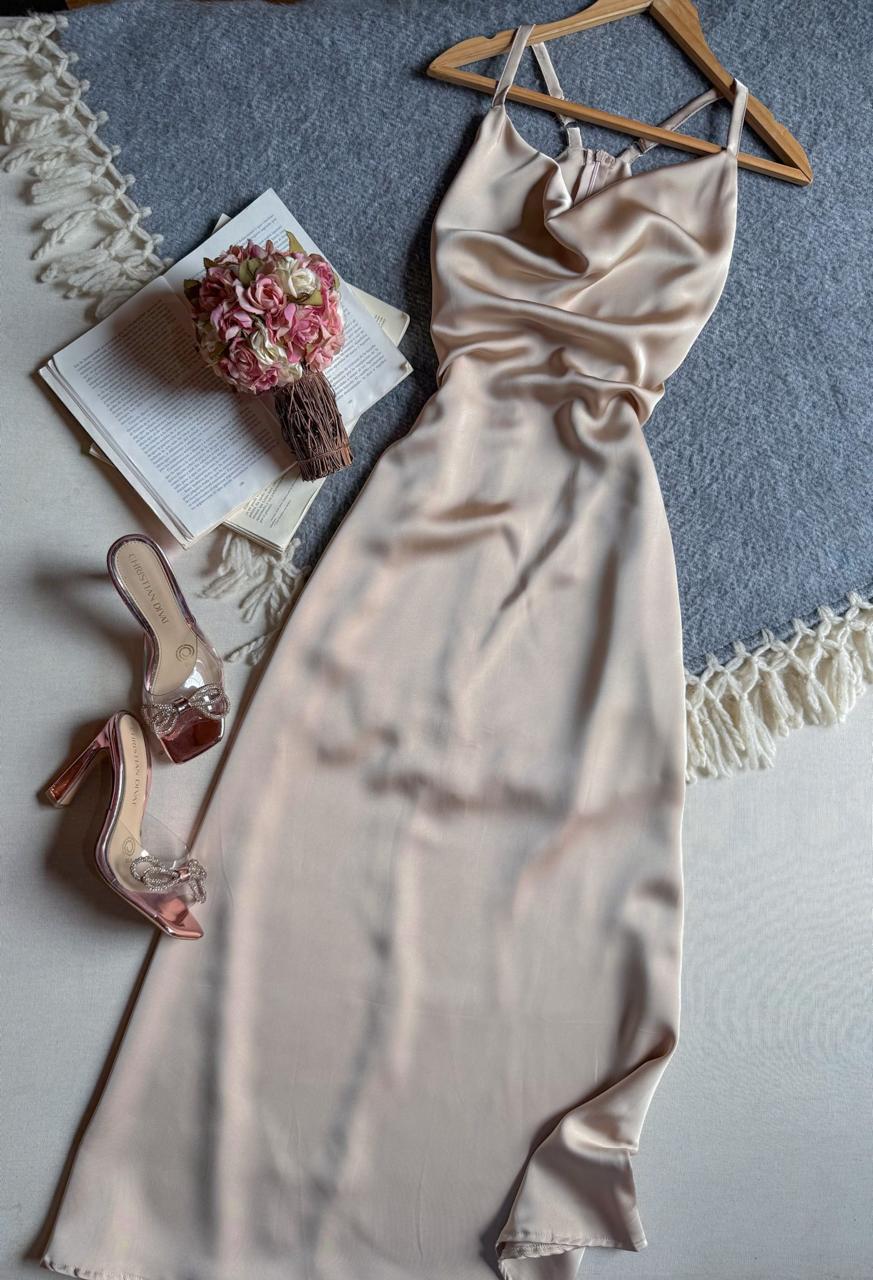 Vestido Beige ZISSACHAR Midi Tirantes Satinado Semi Suelto