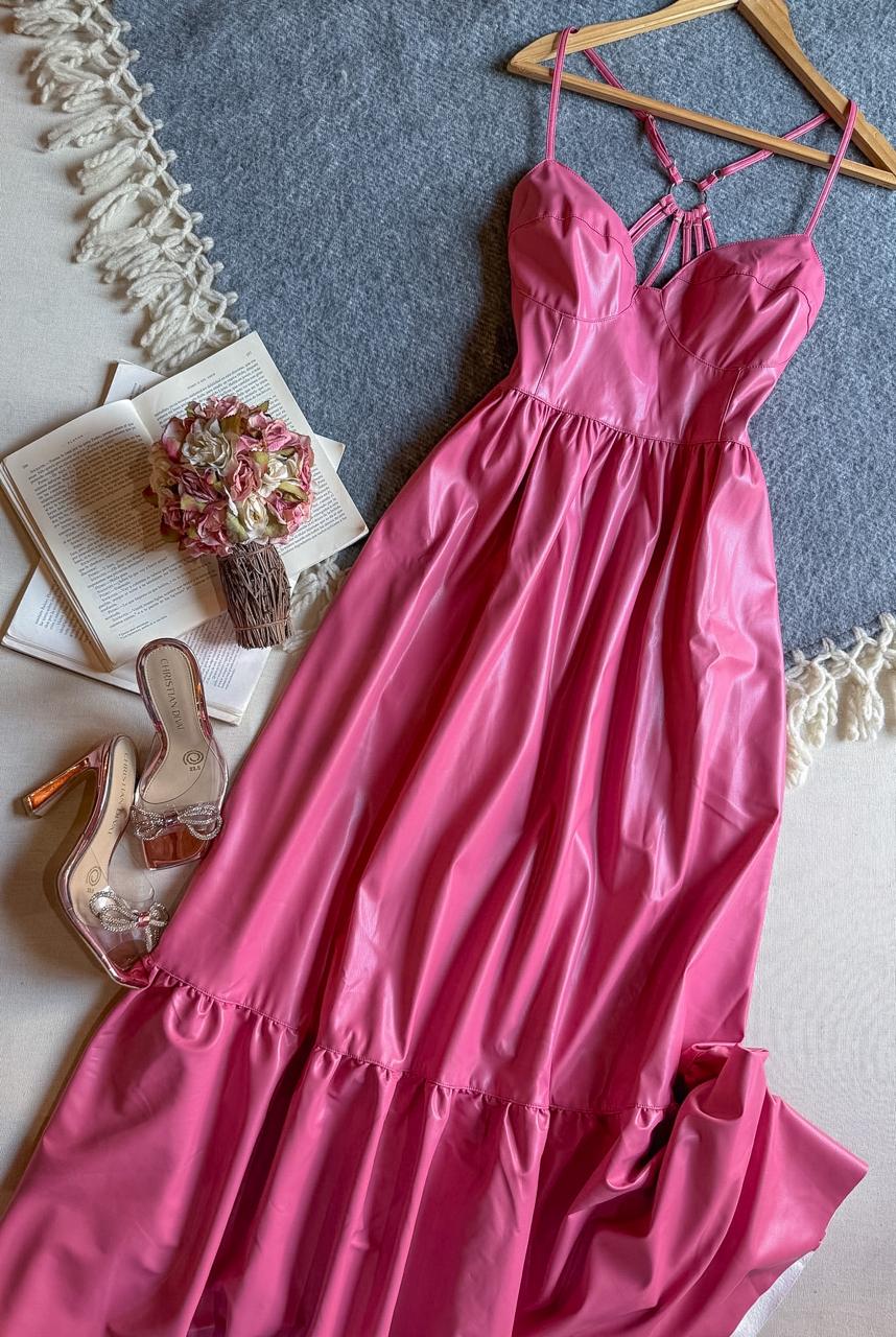 Vestido Rosa Fate Largo Tirantes Vinipiel 