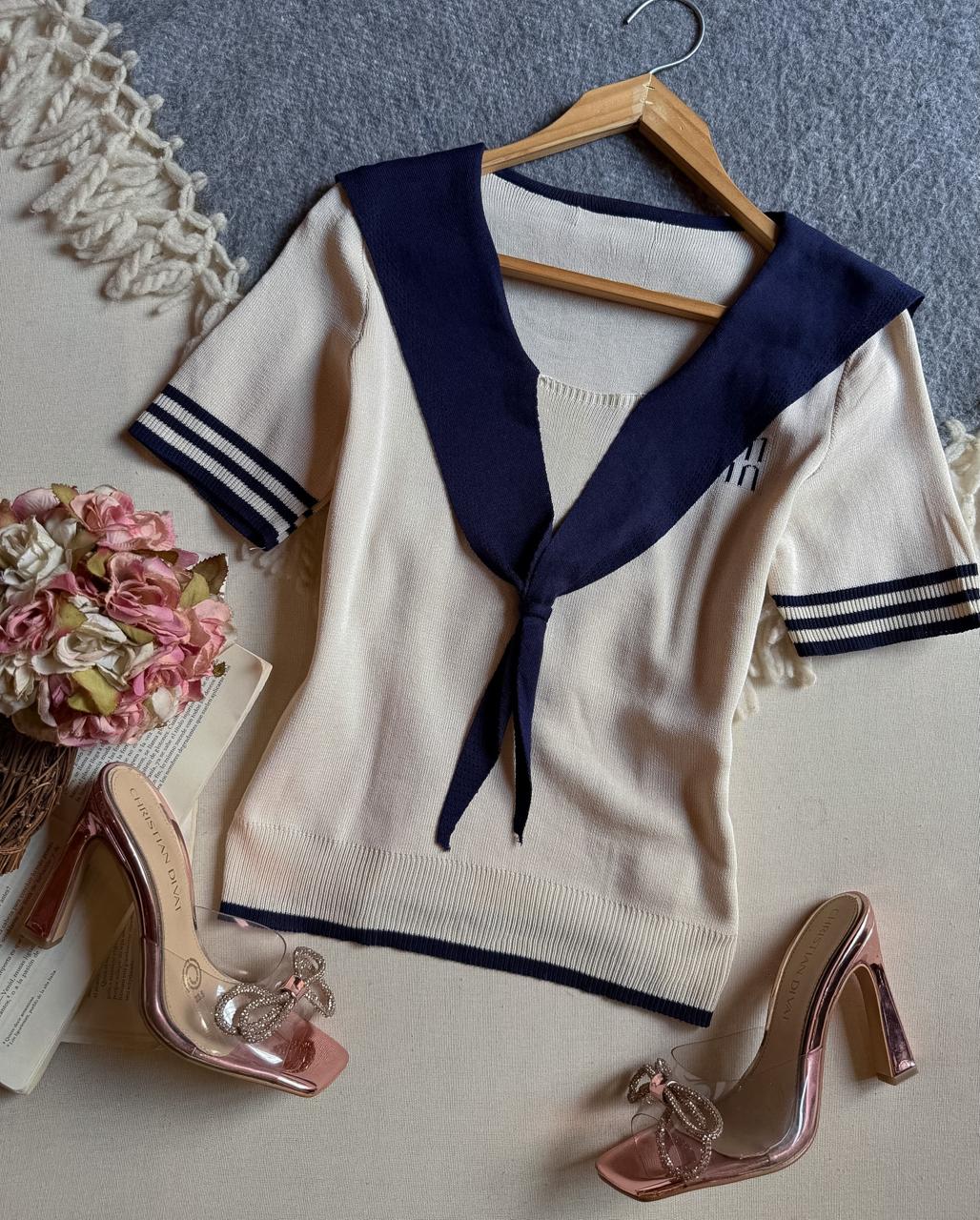 Blusa Beige Importación Premium Largo Manga Corta Con Cuello Azul Tipo Marinero