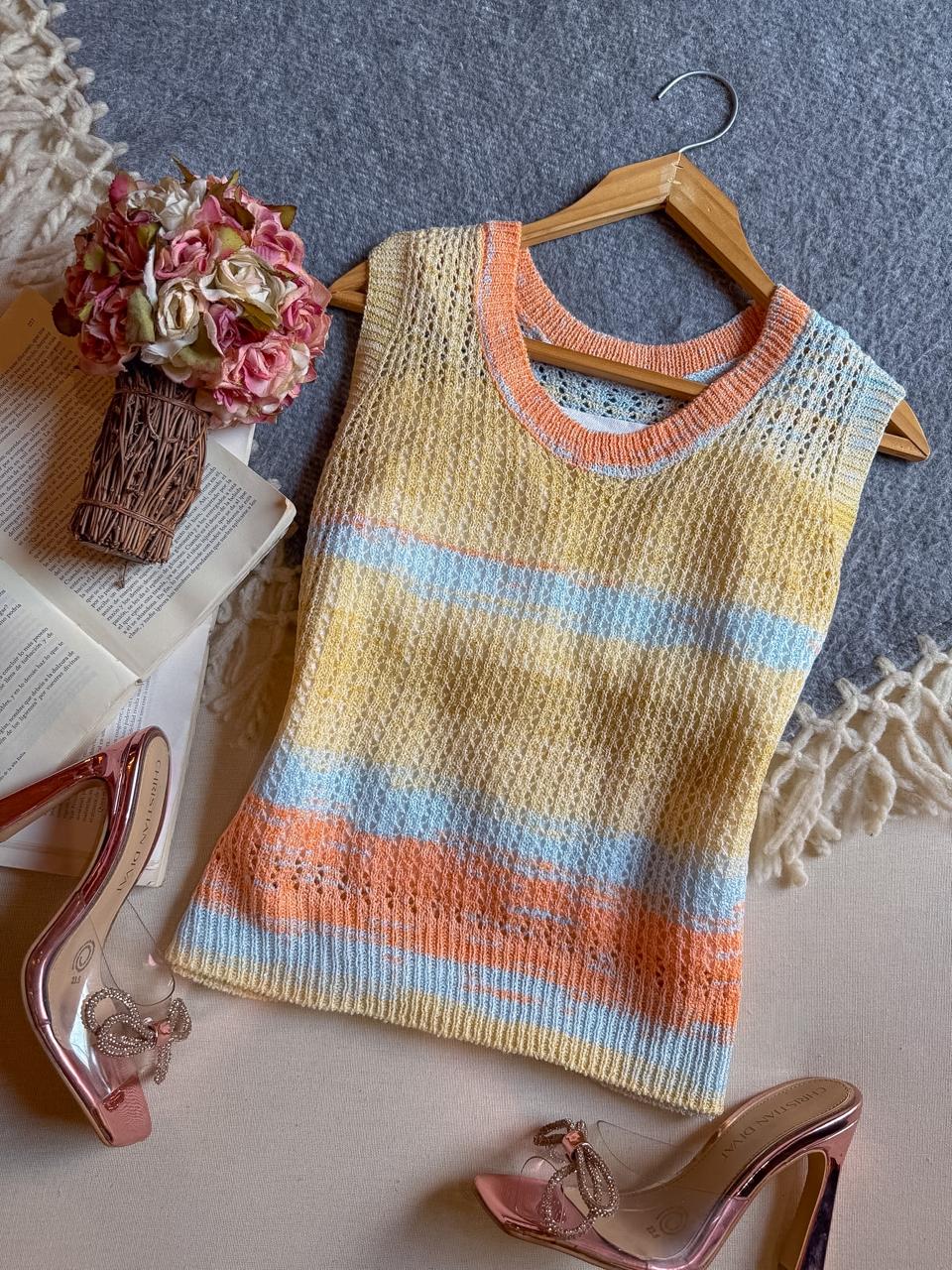 Blusa Naranja Importación Premium Largo Sin Manga Rayas De Colores