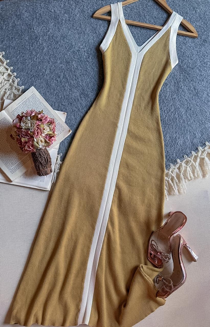 Vestido Amarillo Importación Premium Midi Tirantes Acanalado Con Linea Blanca