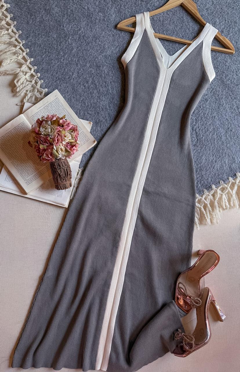 Vestido Gris Importación Premium Midi Tirantes  Acanalado Con Linea Blanca